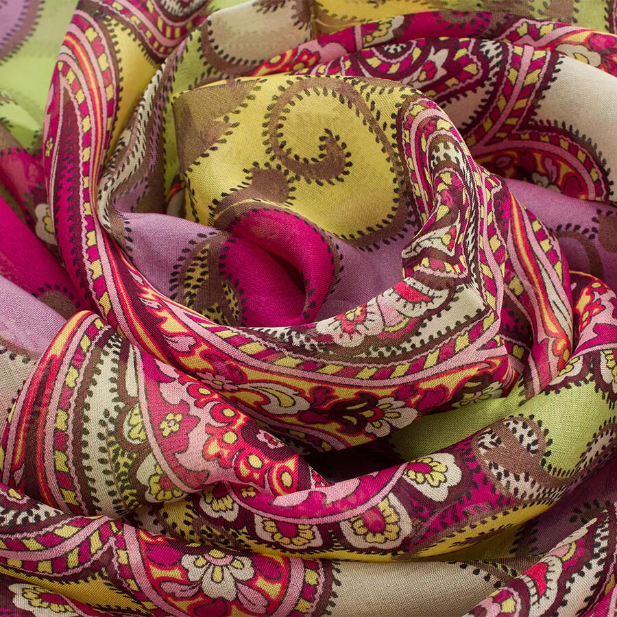 Pink & Yellow Paisley Printed Silk Chiffon Scarf