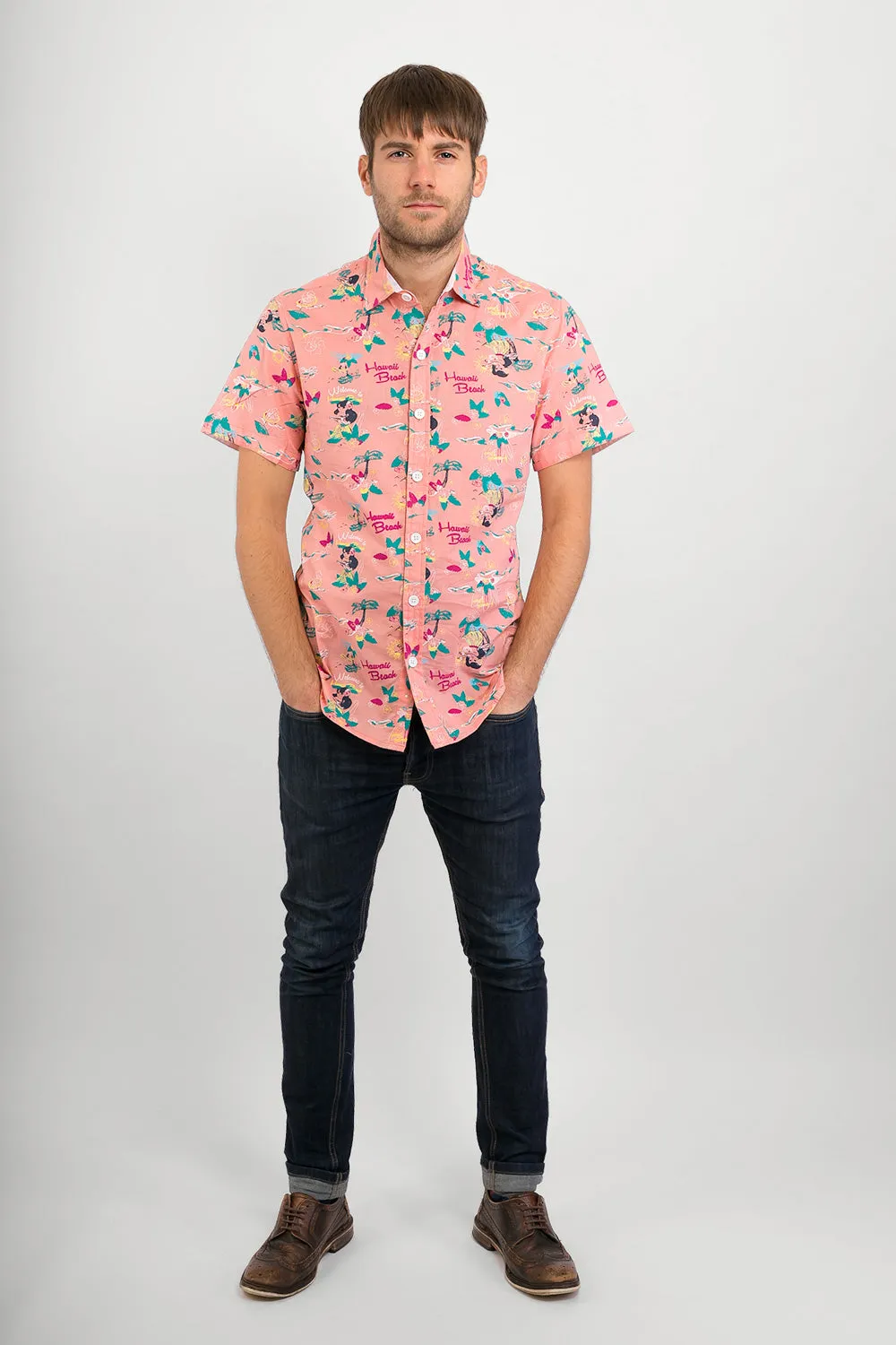 Pink Hawaii Aloha Print Cotton Slim Fit Mens Shirt Short Sleeve