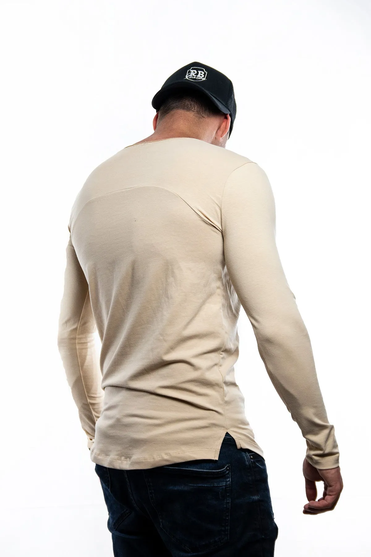 Plain Beige Scoop Neck Long Sleeve Shirt