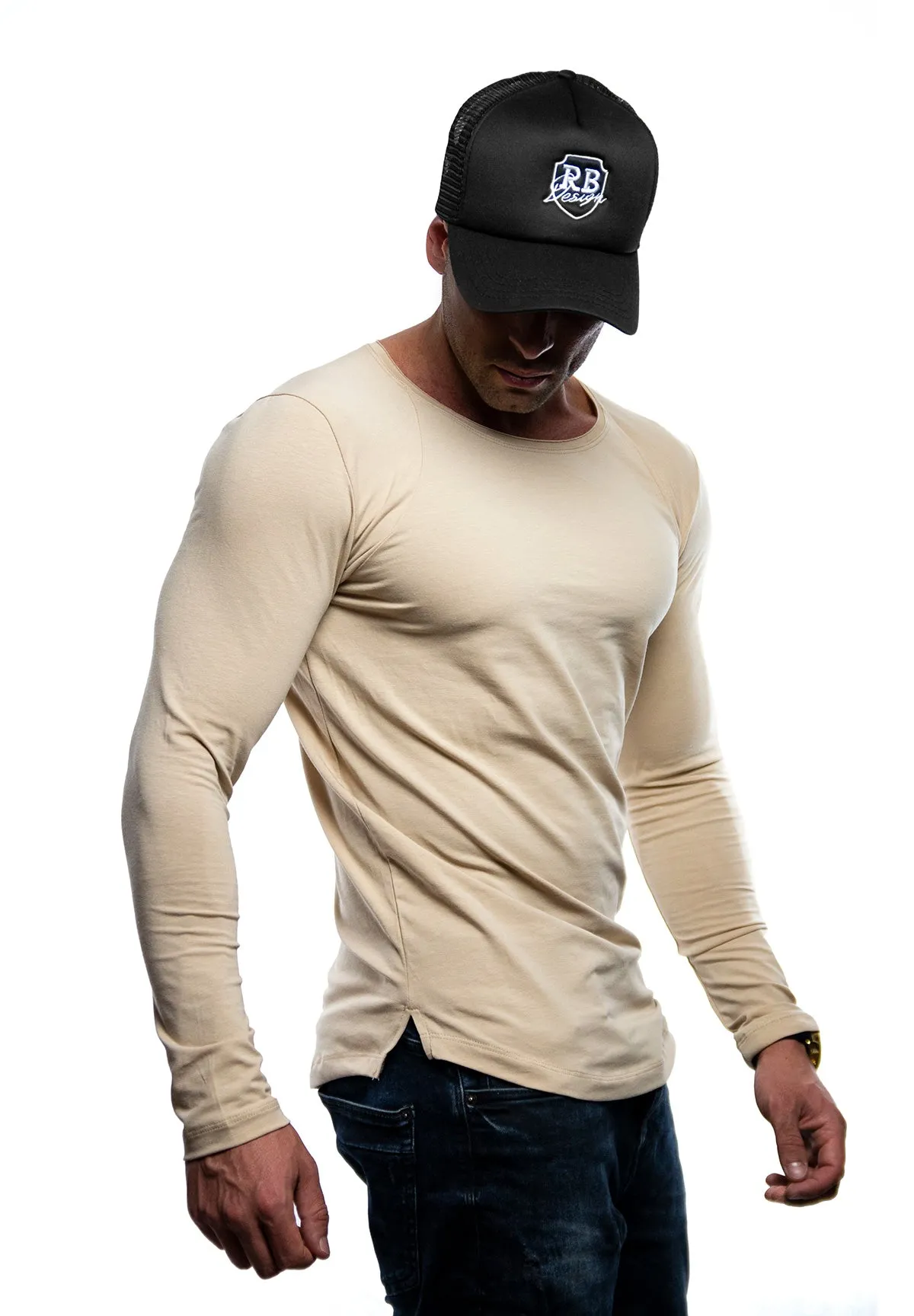 Plain Beige Scoop Neck Long Sleeve Shirt