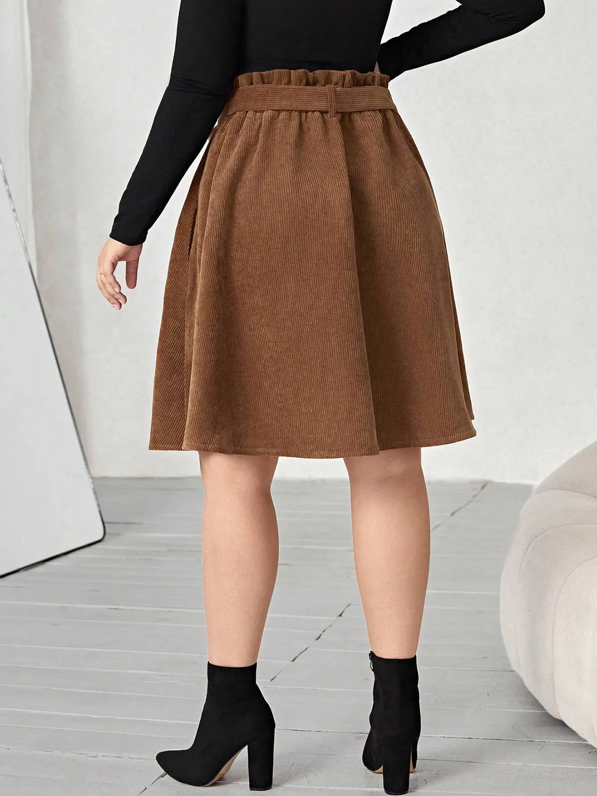 [Plus Size] Brown 1950s Corduroy Buttoned Skirt With Belt