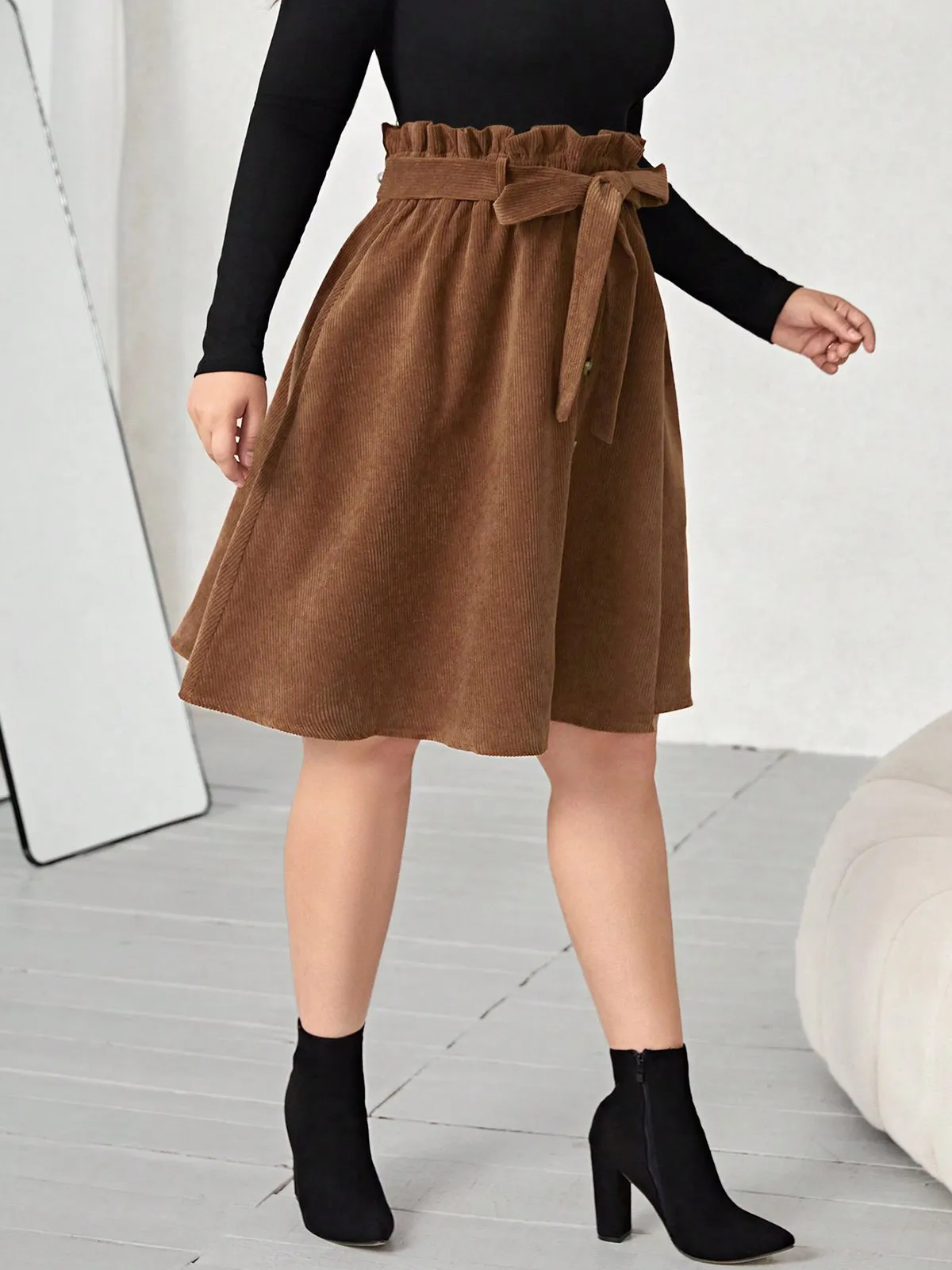 [Plus Size] Brown 1950s Corduroy Buttoned Skirt With Belt