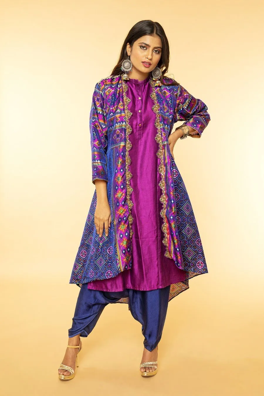 Purple Patola Jacket Set with Harem Pants