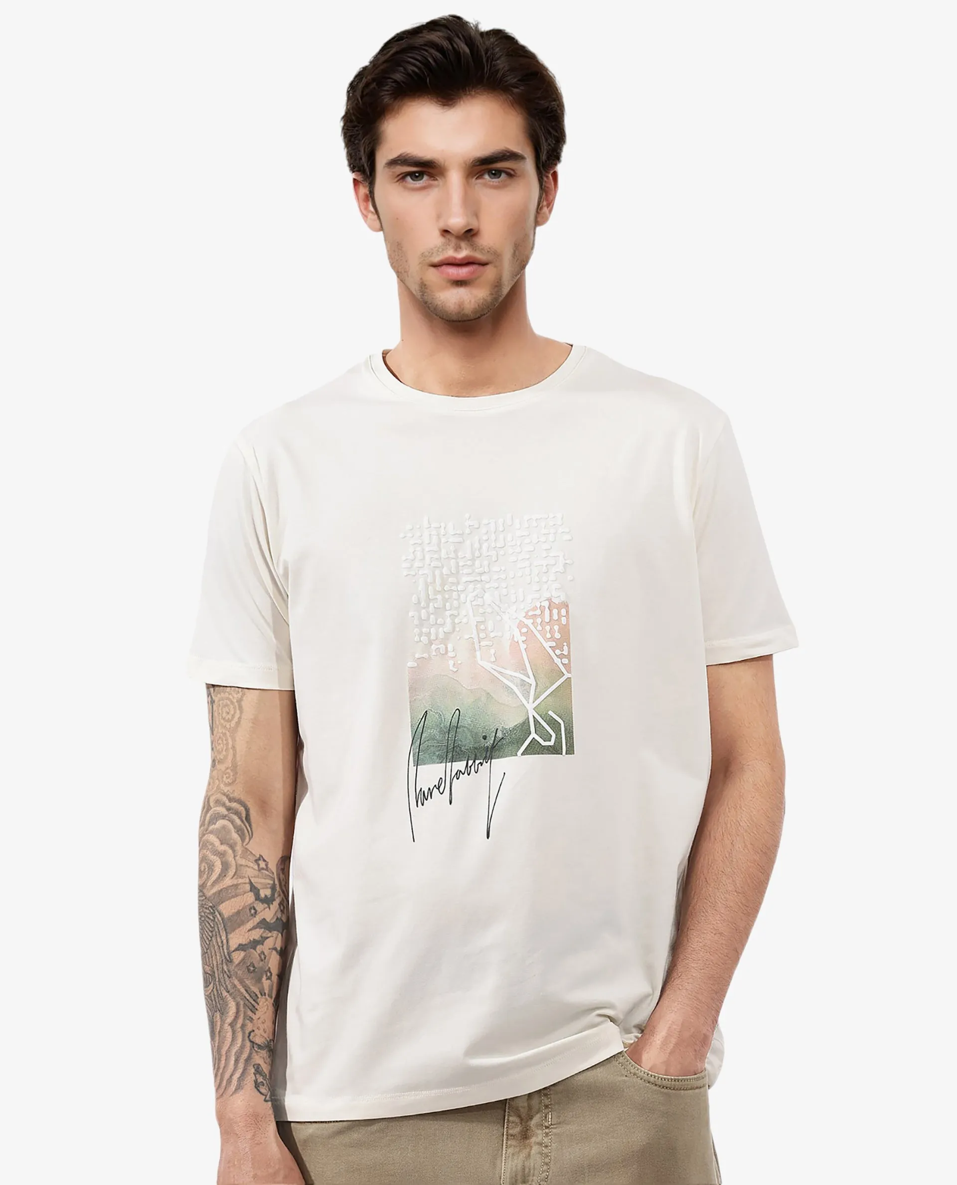 Rare Rabbit Articale Mens Oak Off White Cotton Polyester Fabric Short Sleeve Crew Neck Regular Fit Printed T-Shirt