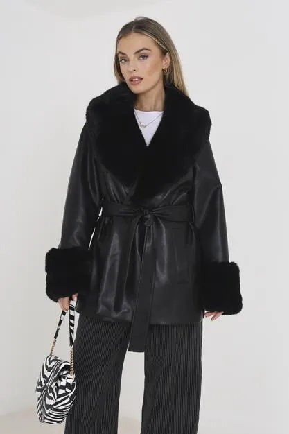 SHORT PU WRAP JACKET WITH FAUX FUR TRIMS