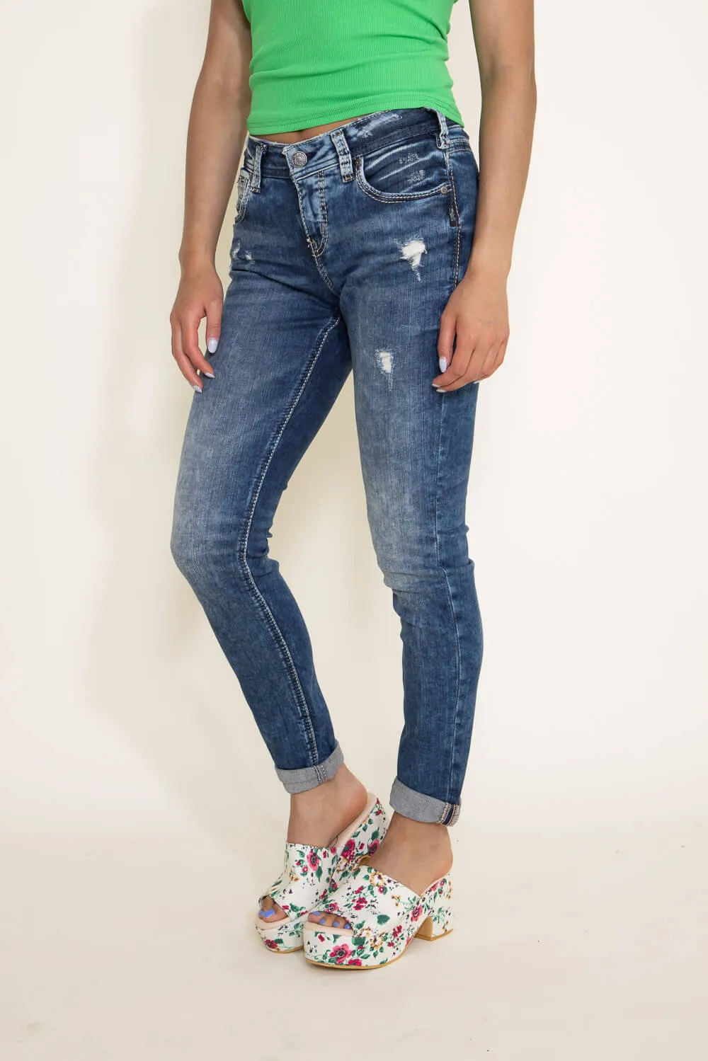 Silver Jeans Destructed Skinny Girlfriend Jeans for Women | L27137SJL388