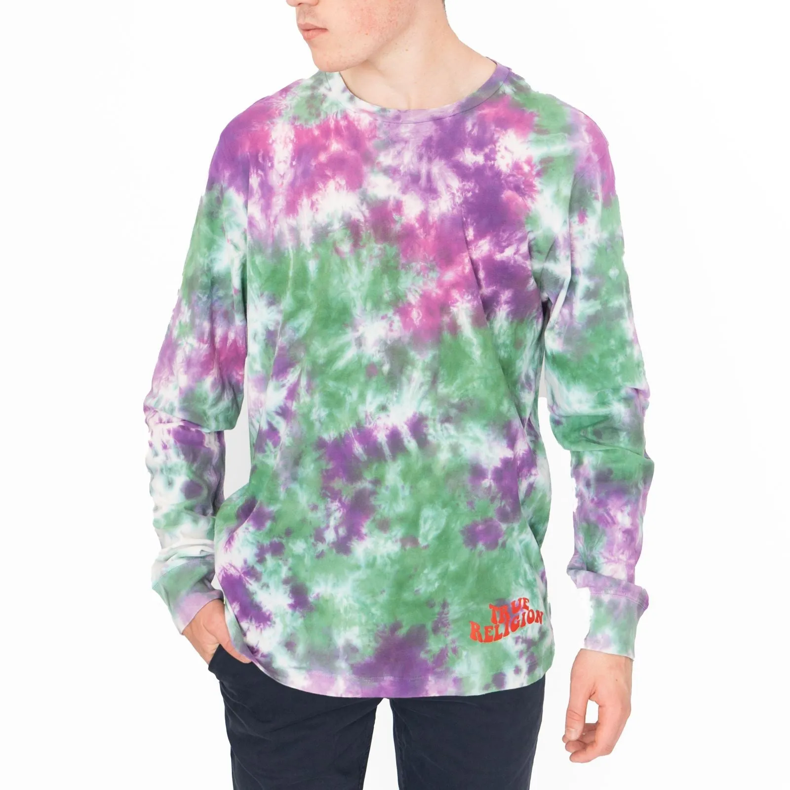 True Religion Men Tie Dye Green Purple Long Sleeve Tops