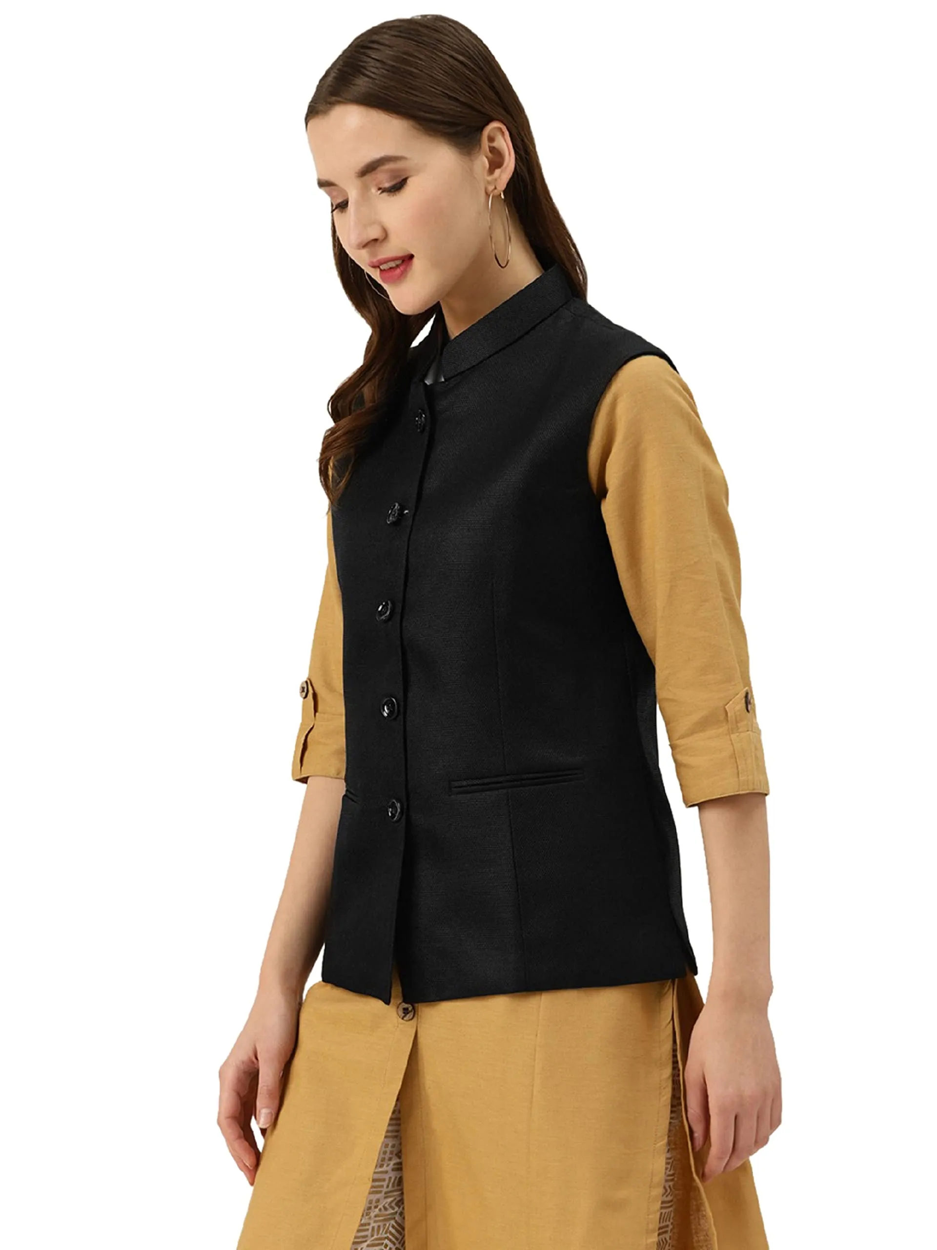 Vastraa Fusion Women's Solid Nehru Jacket (TS1400-42_Black_40)