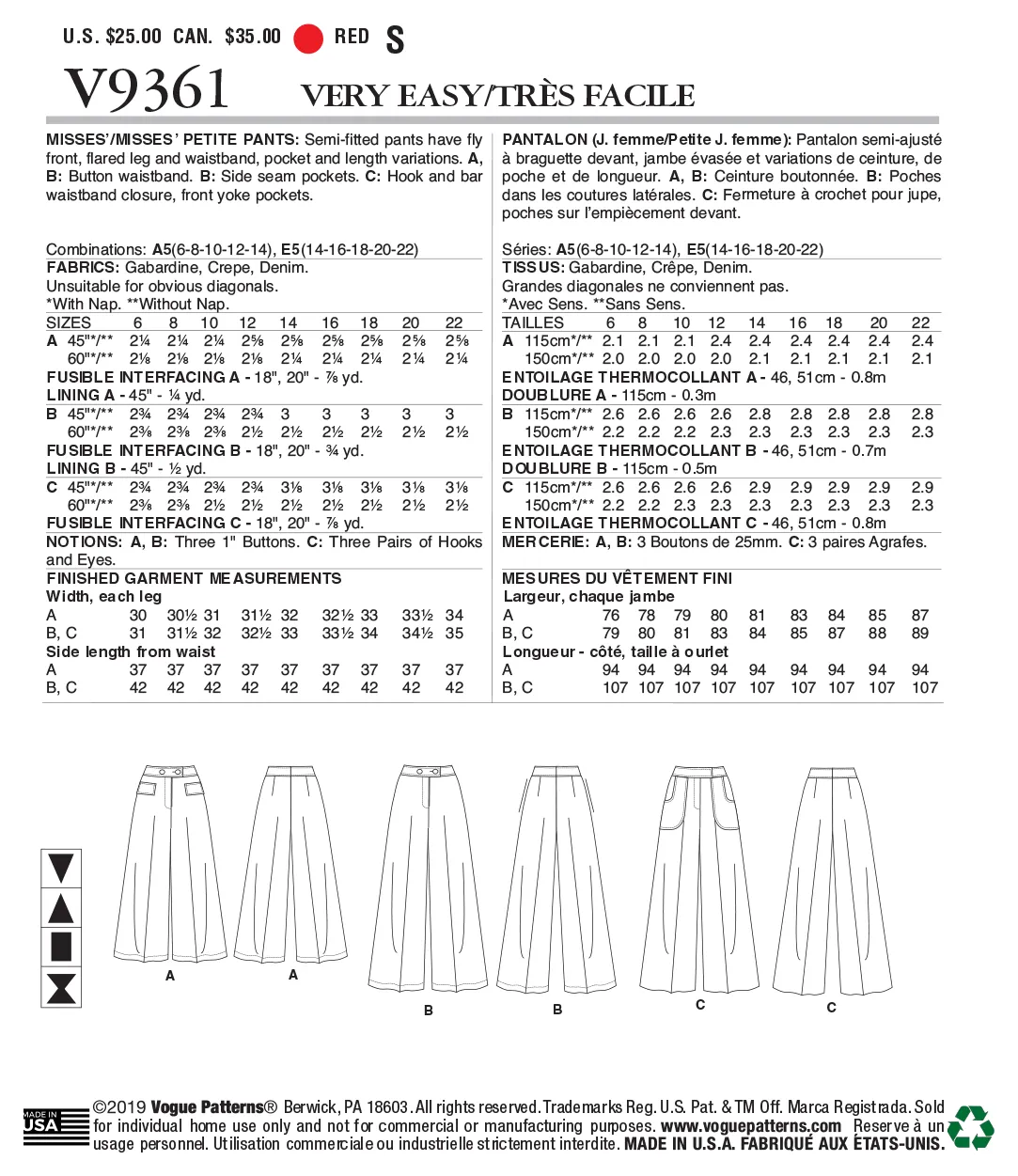 Vogue Pattern V9361 Misses'/Misses' Petite Pants