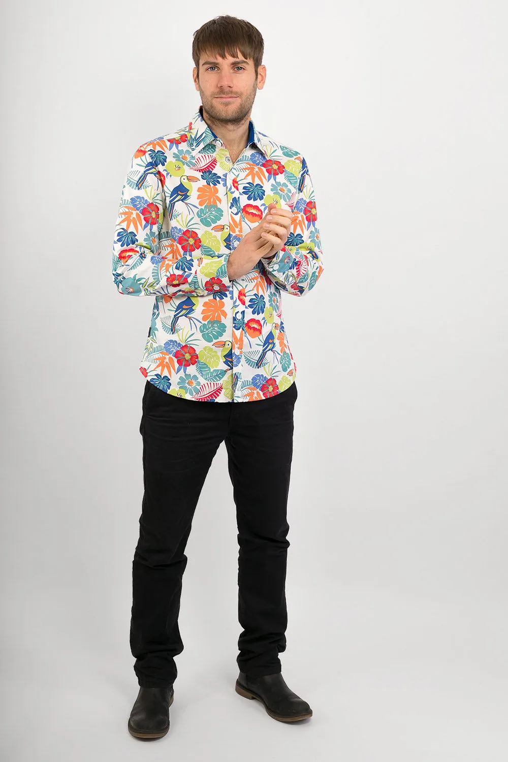 White Tropical Print Cotton Slim Fit Mens Shirt Long Sleeve