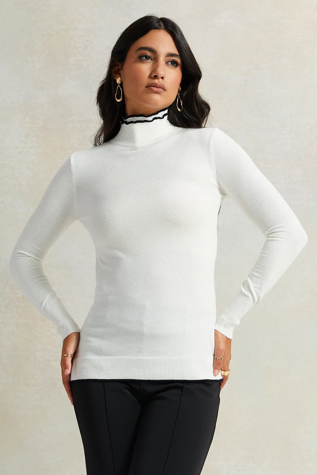 Women White Double Layer Turtle Neck Pullover