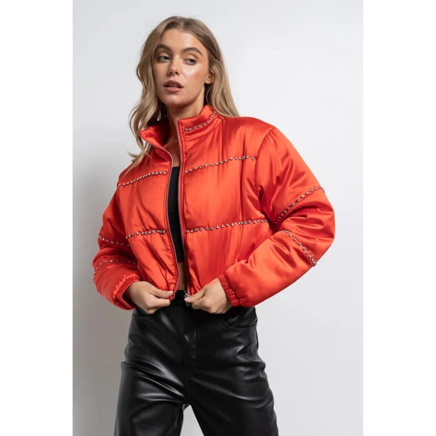 Women's Clothing Long Sleeve Satin Cropped Bomber Jacket Red