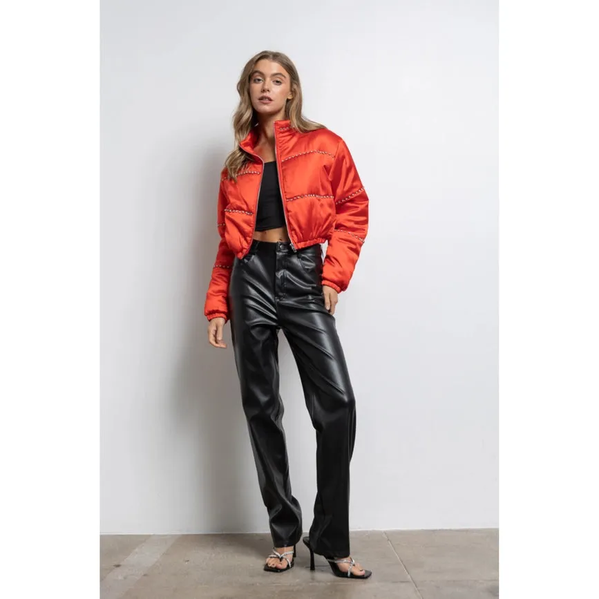 Women's Clothing Long Sleeve Satin Cropped Bomber Jacket Red