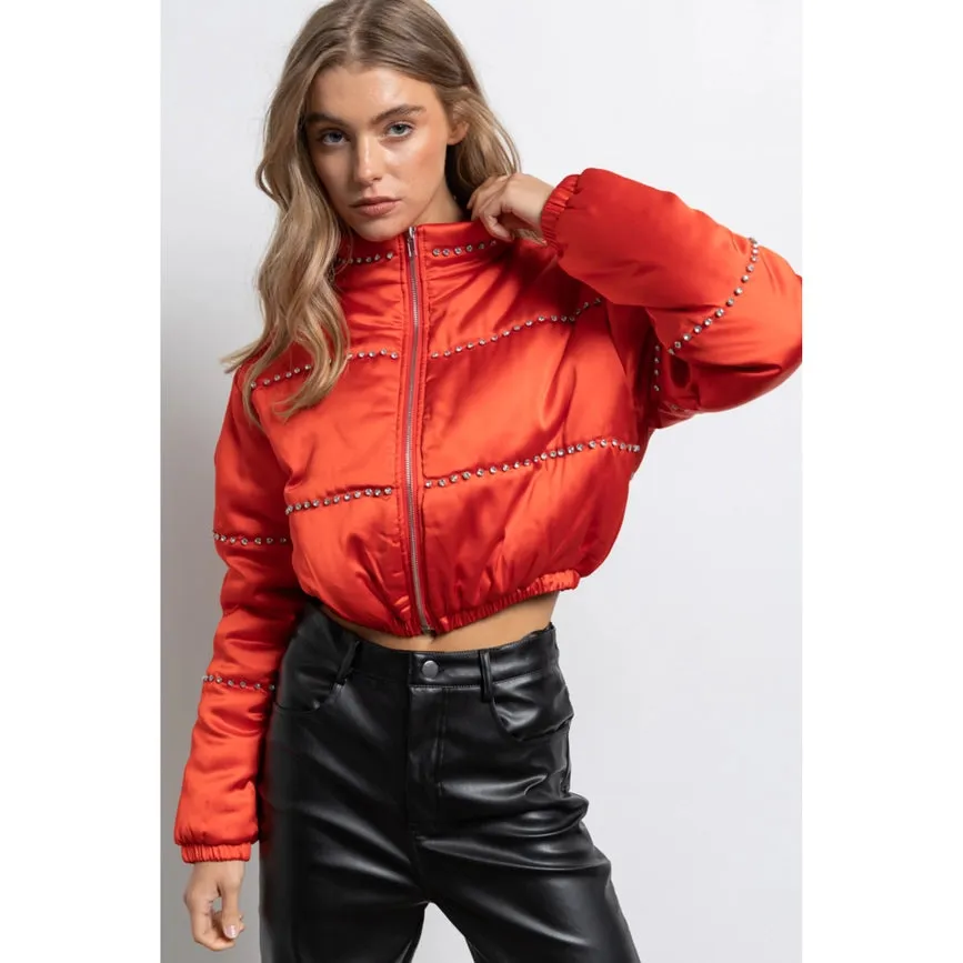 Women's Clothing Long Sleeve Satin Cropped Bomber Jacket Red