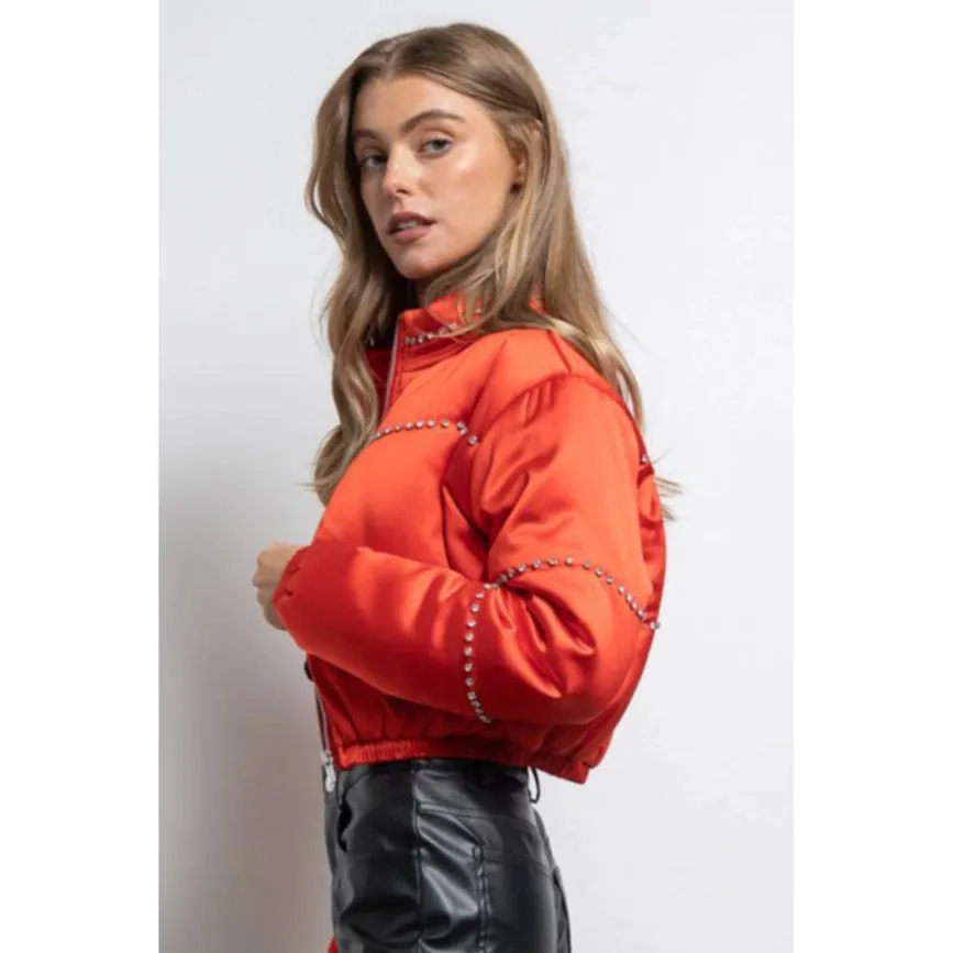 Women's Clothing Long Sleeve Satin Cropped Bomber Jacket Red