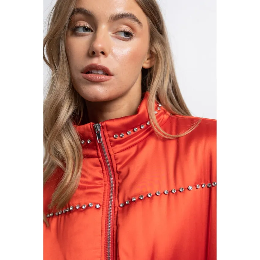 Women's Clothing Long Sleeve Satin Cropped Bomber Jacket Red