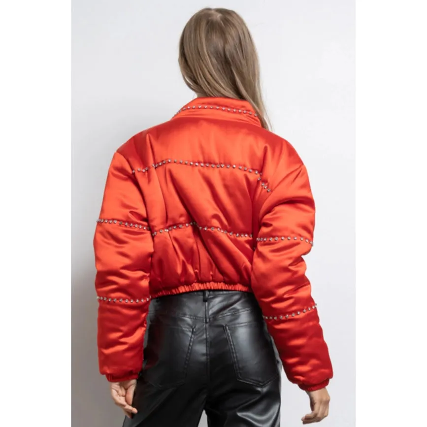 Women's Clothing Long Sleeve Satin Cropped Bomber Jacket Red