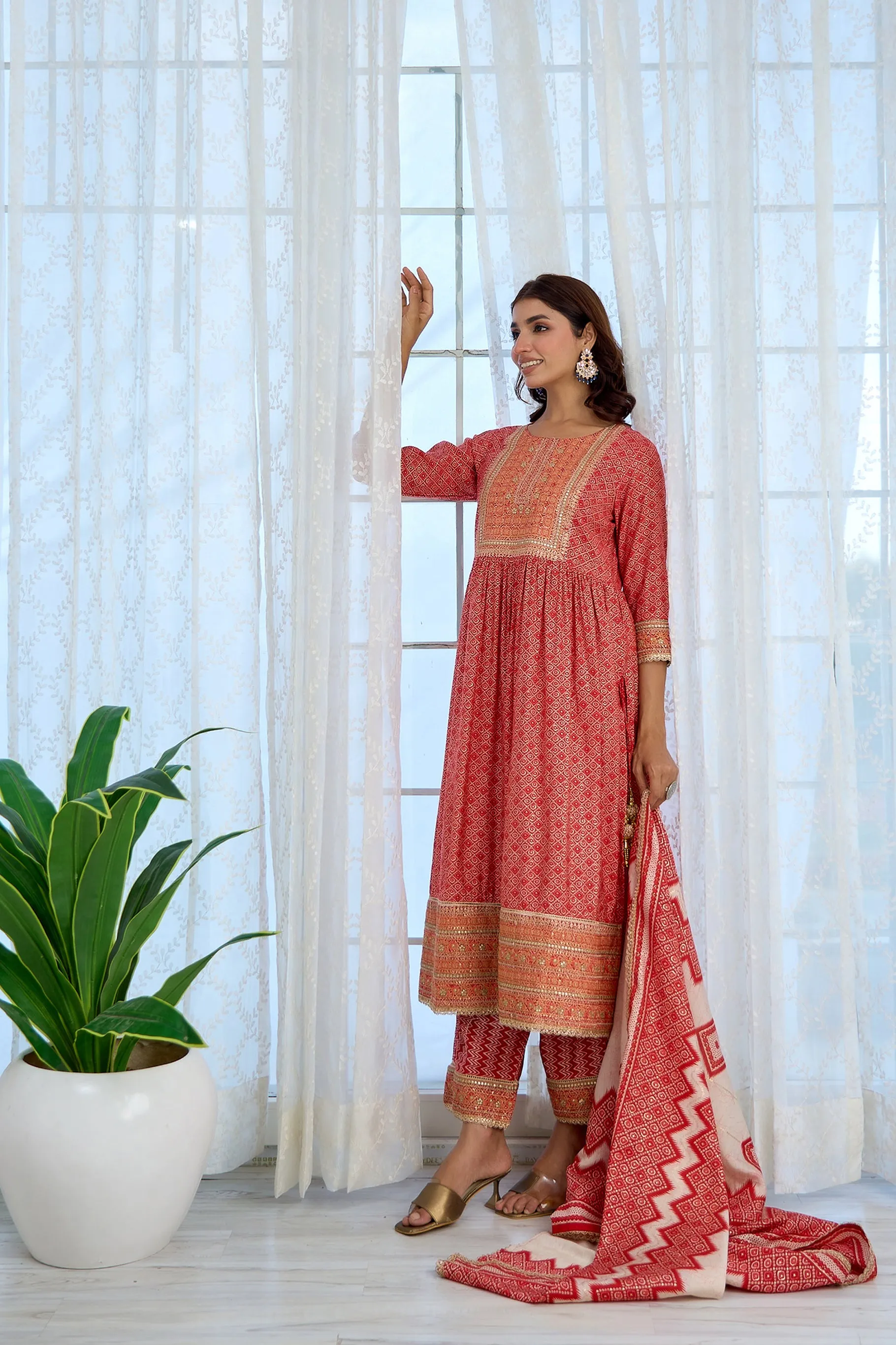 Womens Muslin Red Nyara Cut A-Line Kurta Palazzo and Dupatta With Fancy Potli Set